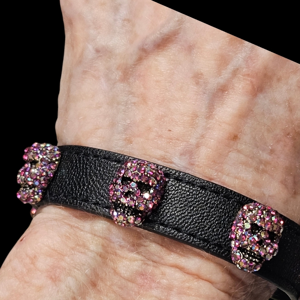 💀Betsey Leather Black Snap-Closure Bracelet 5 Skulls Pink Accents - NWOT